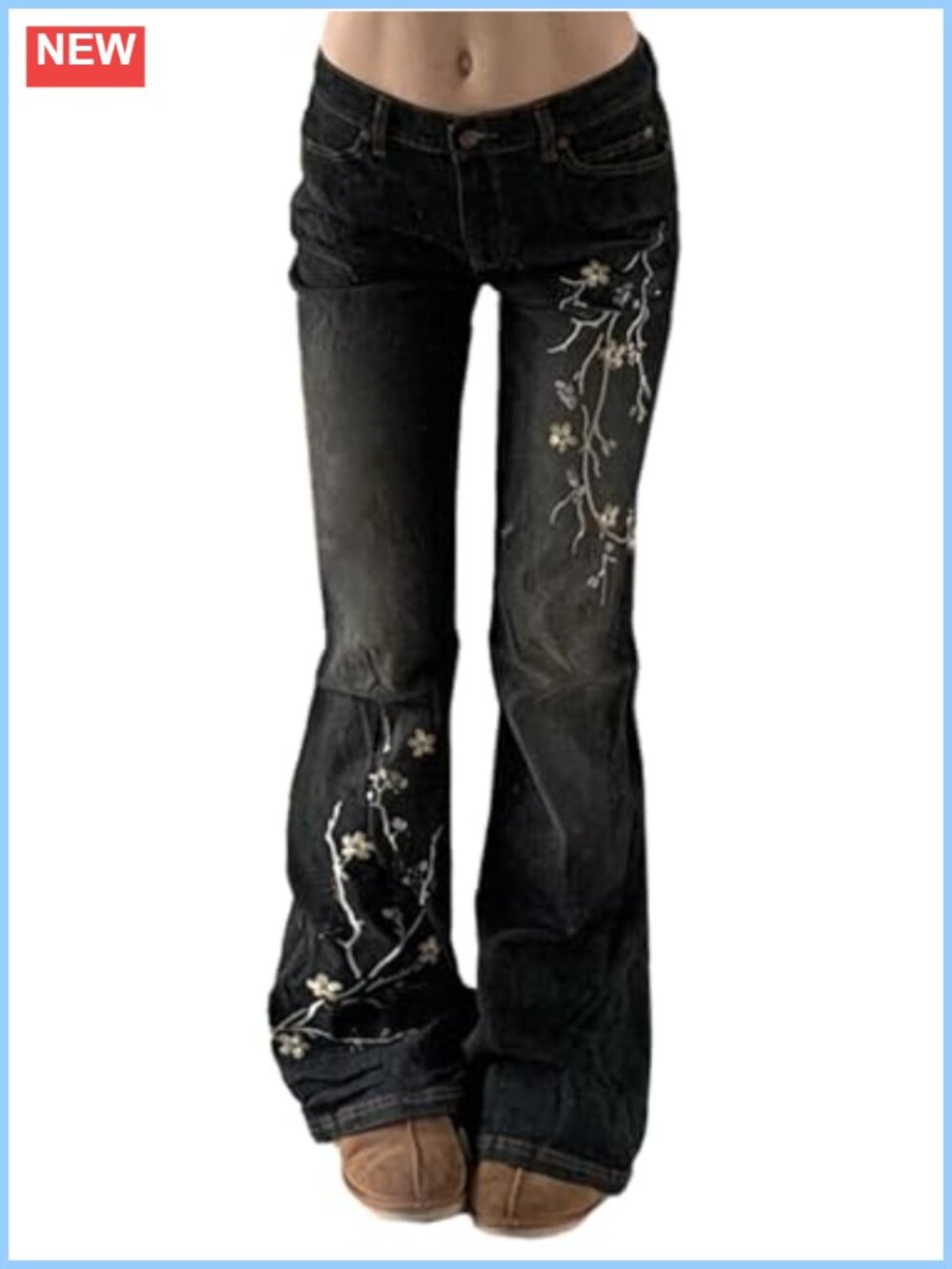 Women's Bell Bottom Flare Jeans Low Rise Floral Embroidery Denim